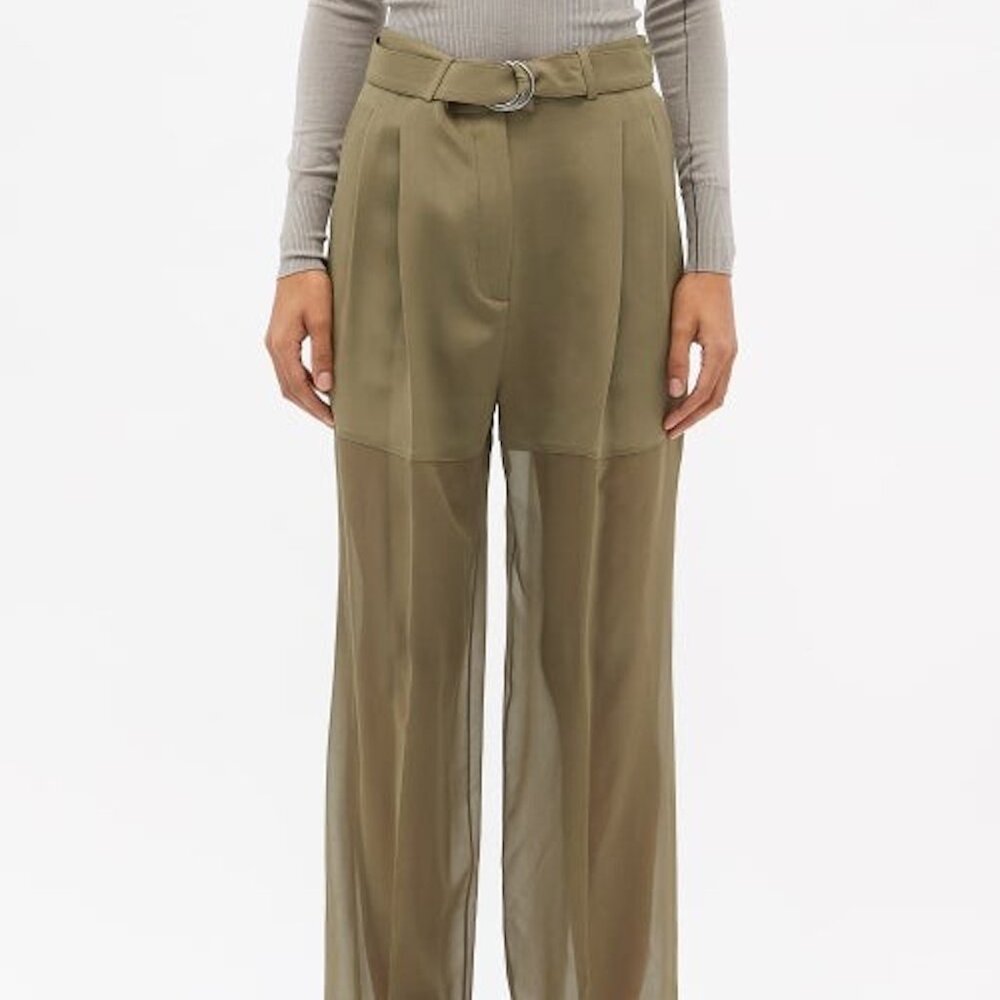 Peter Do SS22 Silk Satin Chiffon Sheer Trousers Khaki 8